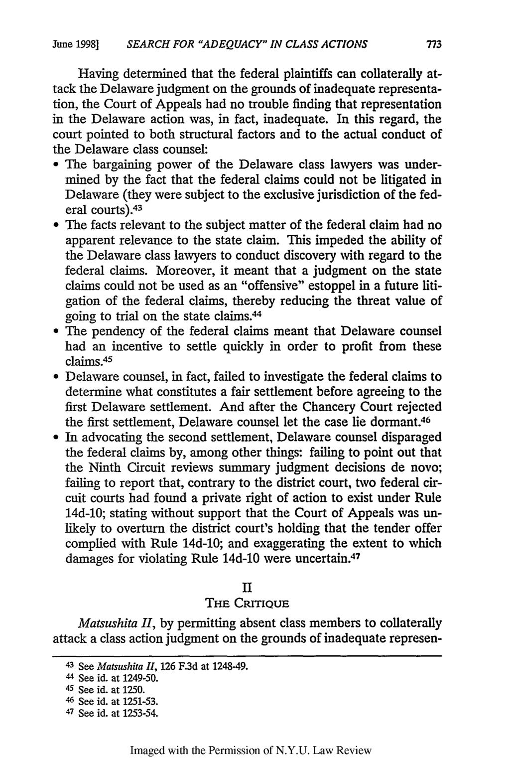 June 1998] SEARCH FOR "ADEQUACY" IN CLASS ACTIONS 773 Having determined that the federal plaintiffs can collaterally attack the Delaware judgment on the grounds of inadequate representation, the