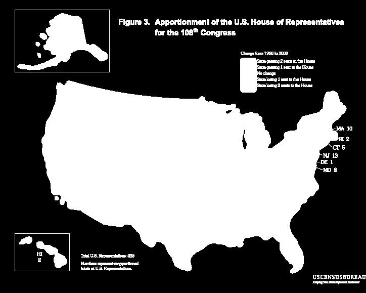 28. In the map above (Apportionment of U.S. House of Representatives for 108 th Congress), which of the following is true regarding population? a. most of the population moved northward b.