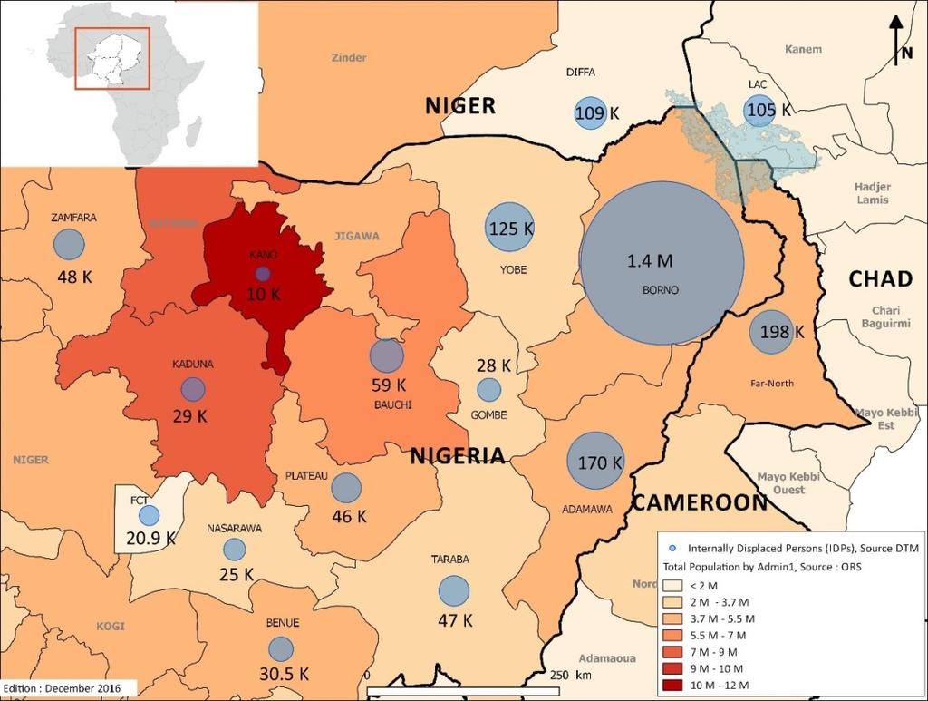 displaced in other areas considered safer. Finally, the affected area in Nigeria is much larger than in other countries and hosts a larger population.