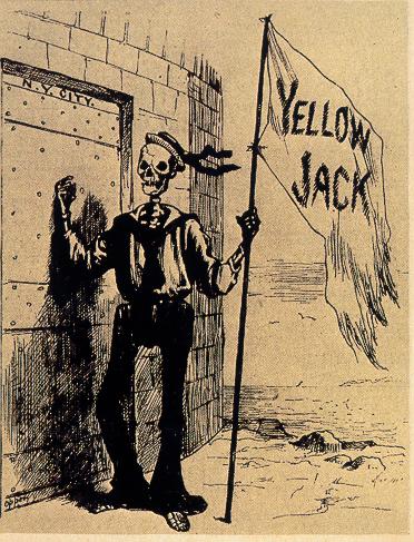 Death in a sailor s uniform holding the yellow quarantine flag knocking on the door of