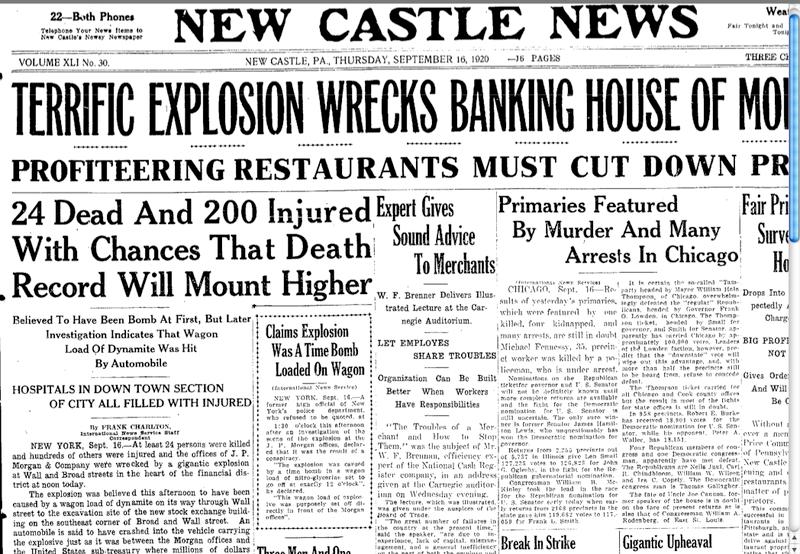 1920, Car bombing, Wall Street, NYC Strikers were subject