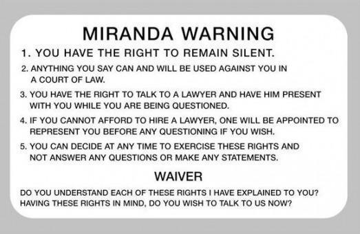 Self-Incrimination cannot be forced to testify against yourself. Supreme Court ruling of Miranda v.
