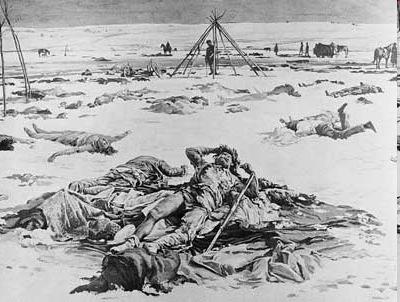 during the 1860s-1890s Wounded Knee Massacre (below) was caused by fear over the Ghost Dance, left