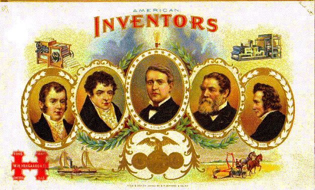 From left to right: Eli Whitney (cotton gin, interchangeable parts), Robert Fulton (steam