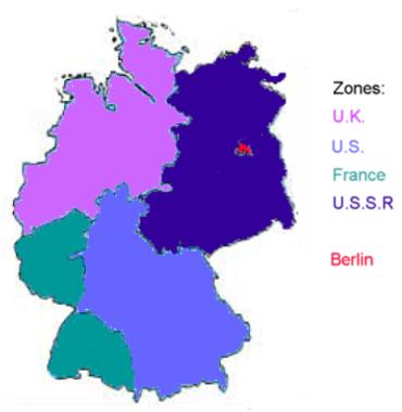At the war s end, there were disputes about the futures of Germany and Poland. Germany was partitioned into four zones (one American, one French, one British, and one Soviet).