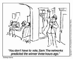 Look at the cartoon below. Then answer the following. 3. Which of these does the cartoon suggest occurs as a result of media predictions of election results? A.