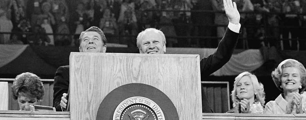 Voting for Presidents President Gerald Ford and Ronald Reagan stand at the podium at the Republican National Convention, Kansas City, Missouri, in 1976.