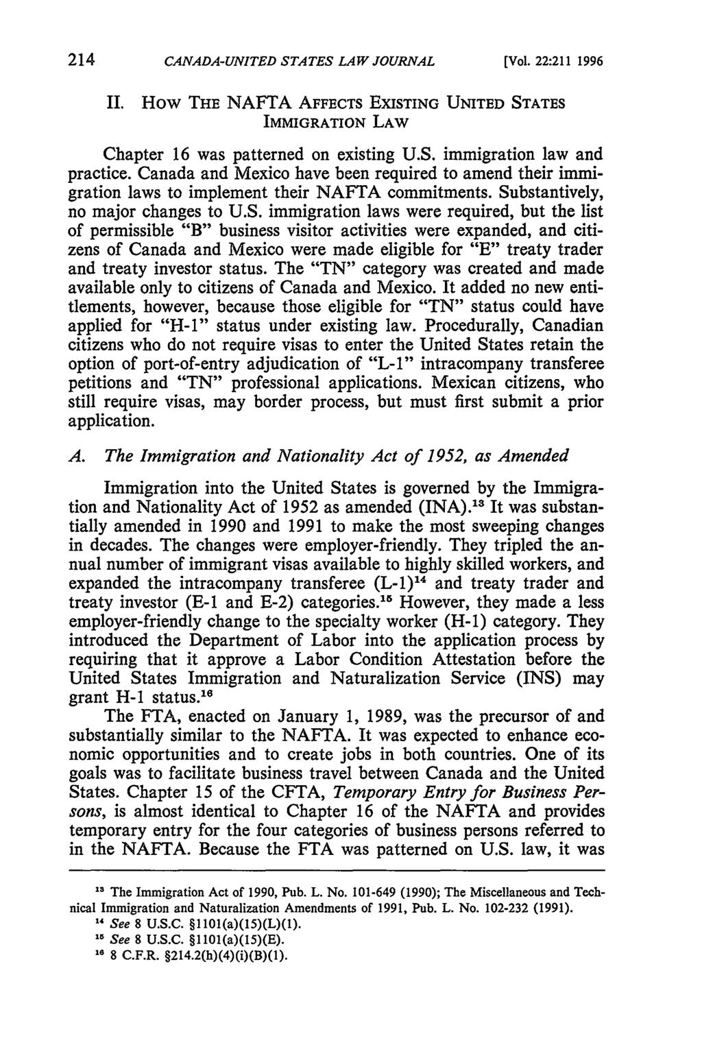 Canada-United States Law Journal, Vol. 22 [1996], Iss., Art. 30 CANADA-UNITED STATES LAW JOURNAL [Vol. 22:211 1996 II.
