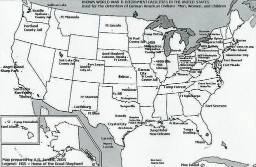 The locations of internment camps for