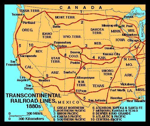 Transcontinental Railroads Time Zones: In 1883, the railroads