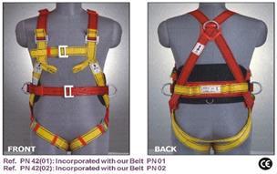 5. SAFETY HARNESS BELT WITH SEAT AND LANYARD Two chest attachment textile loops One dorsal attachment D-ring Adjustable waistbelt, thigh& shoulder straps Shoulder & thigh straps differentited by dual