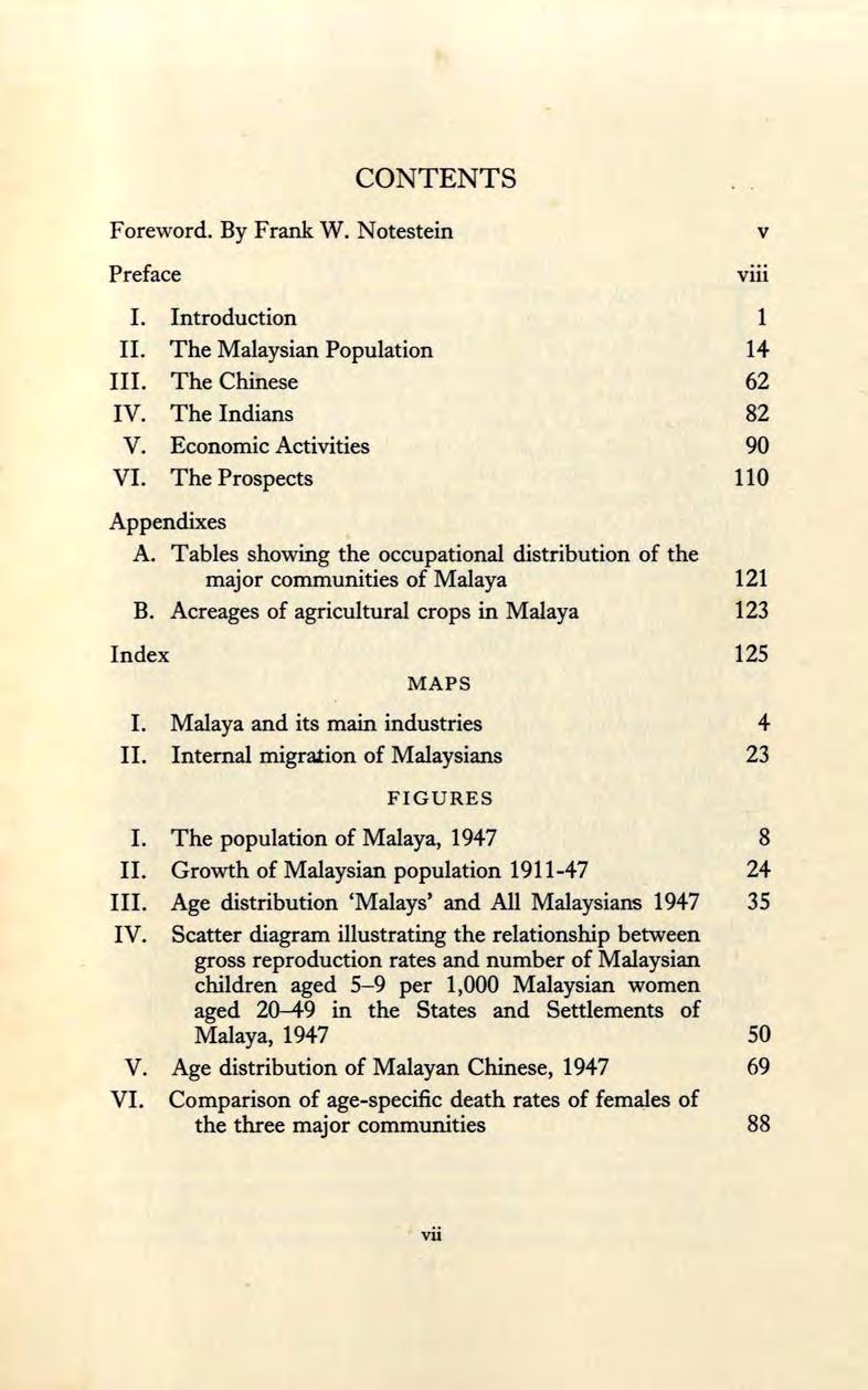 CONTENTS Foreword. By Frank W. Notestein Preface I. Introduction 1 II. The Malaysian Population 14 III. The Chinese 62 IV. The Indians 82 V. Economic Activities 90 VI. The Prospects 110 Appendixes A.