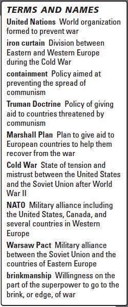The UN pledged to prevent war. The United States and the Soviet Union had important differences after the war. The United States suffered few casualties and was the richest nation in the world.