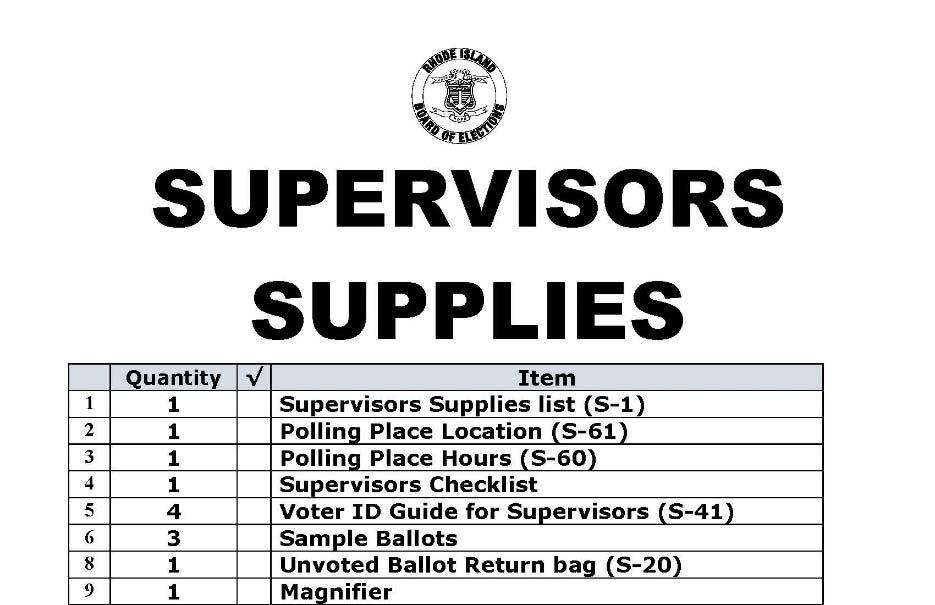 All positions have a supply bag with an inventory sheet which lists
