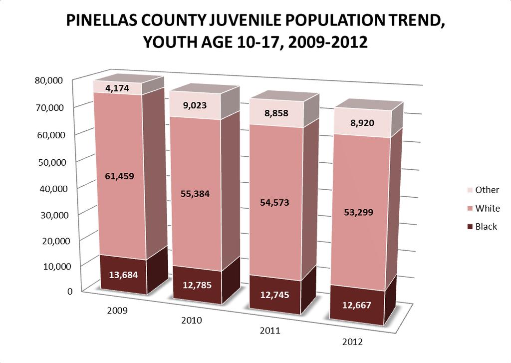 THE JUVENILE POPULATION IS DOWN Between 2009 and 2012, there was a 6% decrease in the total juvenile population (between the ages of 10-17) in Pinellas County.