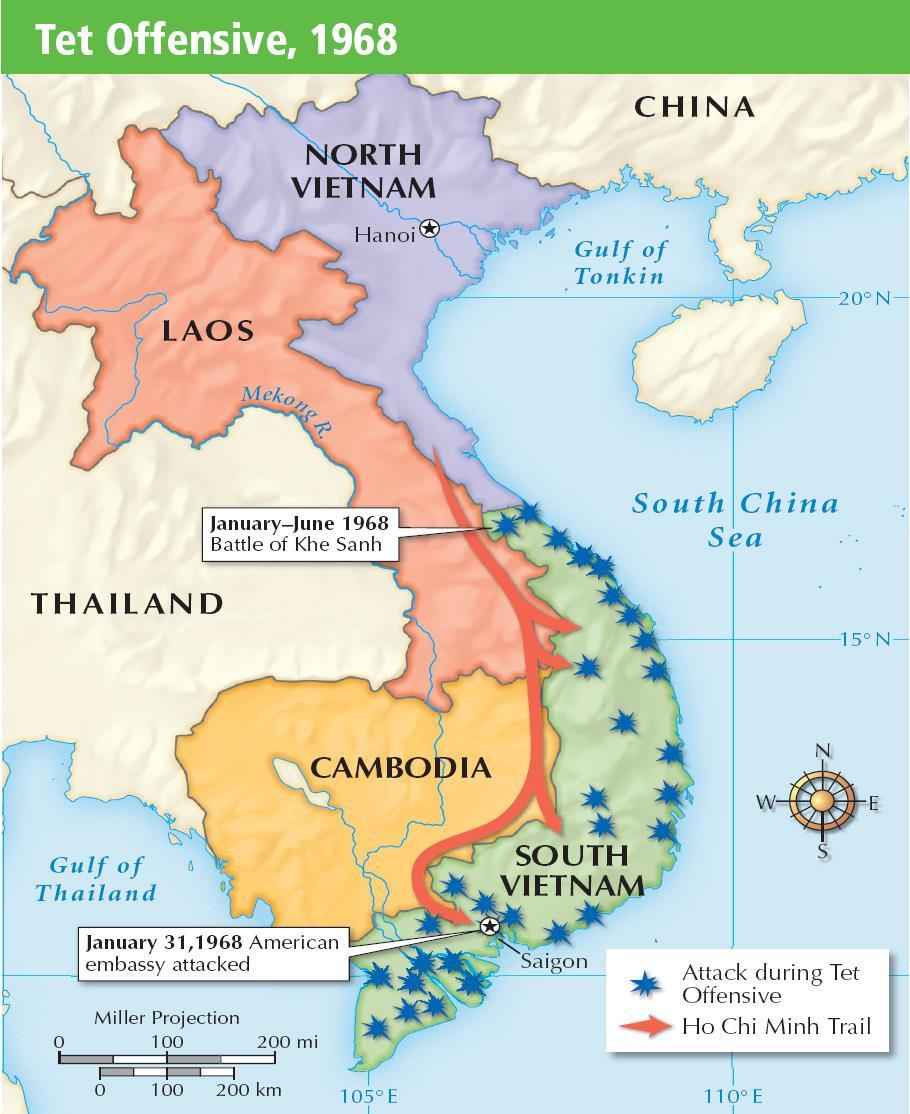The Tet Offensive attacked major cities and bases in South Vietnam, including the U.S. Embassy in Saigon.