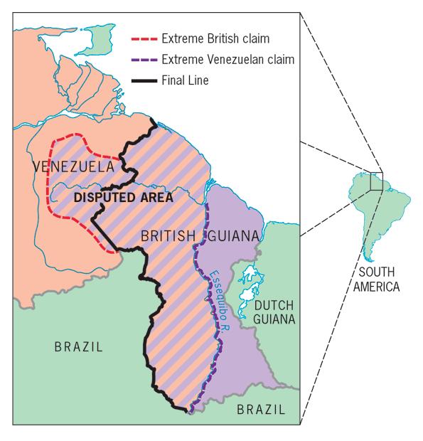 Dispute Over Venezuela Boundary dispute between Venezuela and British Guiana. Cleveland urged arbitration and invokes the Monroe Doctrine.