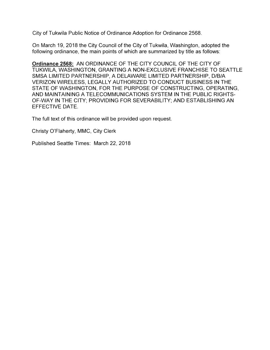 City of Tukwila Public Notice of Ordinance Adoption for Ordinance 2568.