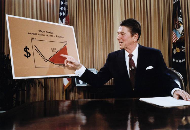 TAXES: Under Reagan, Congress enacted the single largest tax cut in history. It did stimulate the economy, which increased tax revenues and the total taxes paid by those in the higher income range.