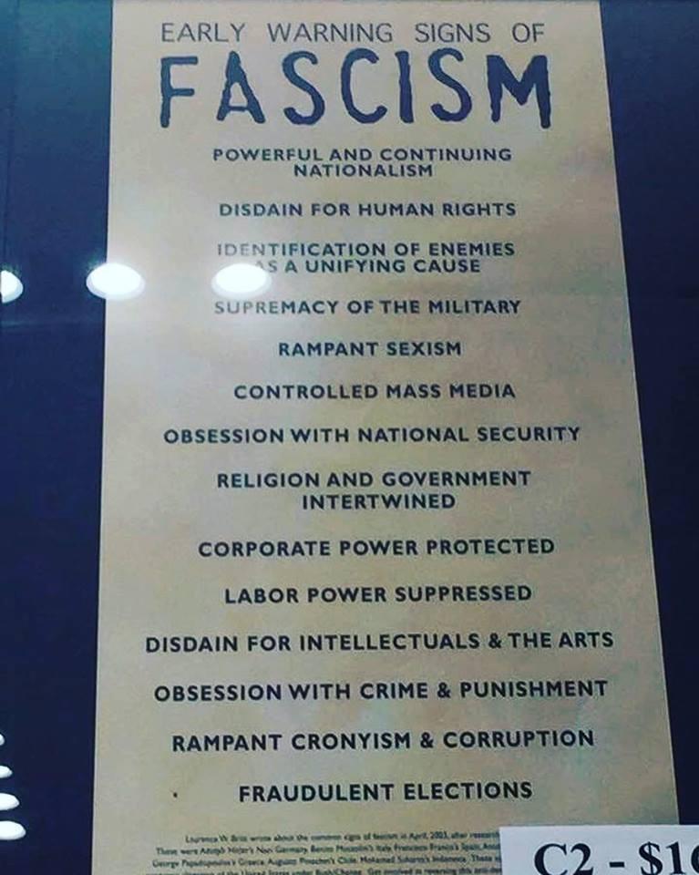 Do Now: Early Warning Signs of Fascism This sign hangs in the National Holocaust Museum as a reminder to all of us the dangers brought to the world by fascism: