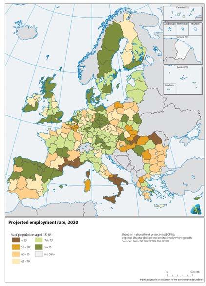 Employment 2020 Several regions could still be faced with employment rates below 55% for the year 2020. These are Southern Italy and parts of Romania, Hungary and France.