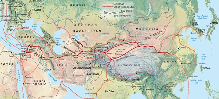 The Silk Road caravan trails for trade between Asia, India, and Rome The road was primarily established on silk trade and other luxury