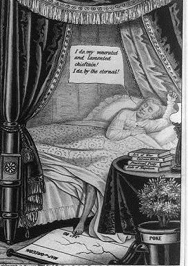 The Oregon Controversy A scene from a cartoon criticizing Polk for his handling of the Oregon controversy. Shown sleeping in bed, Polk has his foot on the 54 40' line on a map lying on the floor.