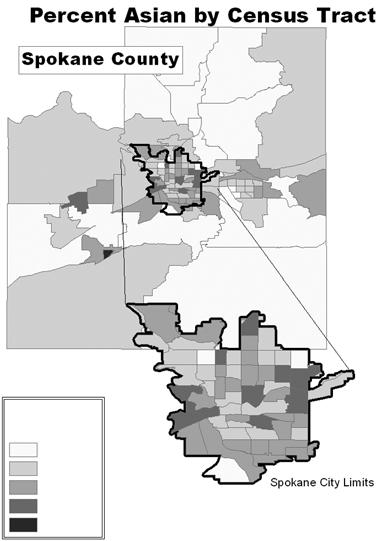 For AIANs, the percentage in Spokane County census tracts ranges from 0.2% to 6.1%, with a mean of 1.38 and a standard deviation of 1.07.