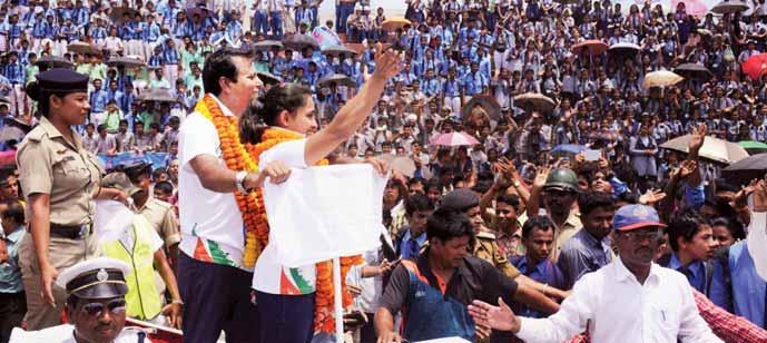 Thousands of people gathered at the Swami Vivekananda stadium waving the tricolour and burst crackers to cheer Dipa, the first Indian woman gymnast to compete in Olympics and the first to do so in 52