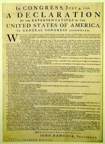 July 4, 1776 Philadelphia printer, John Dunlap prints the Declaration of Independence. These prints are now called "Dunlap Broadsides.