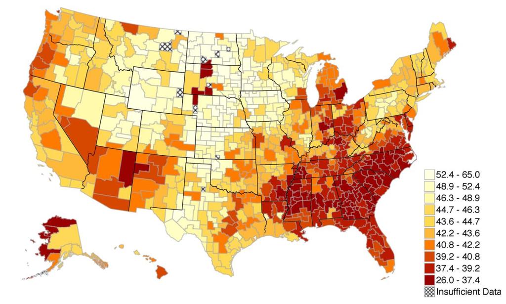 Locational Heterogeneity in Mobility Intergenerational Mobility in the US Source: Chetty et al. (2014).