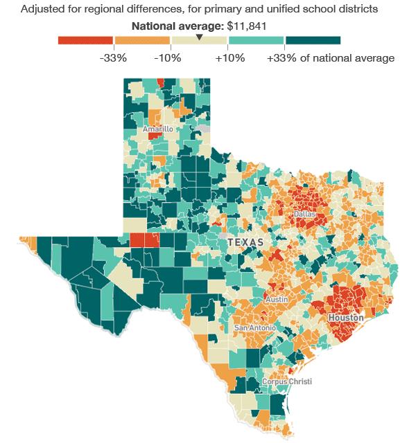 Spending per student by school district, Texas Source: Education Week, U.S. Census Bureau, Mapbox, OpenStreetMap.