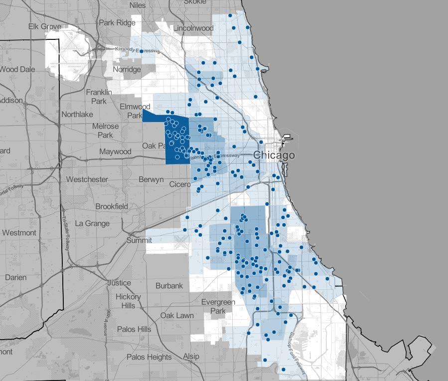 Distribution of homicides in Chicago Source: Chicago Tribune. Accessed May 21, 2016.