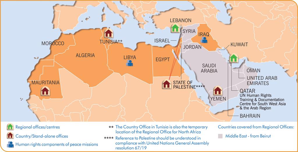 OHCHR in the field: Middle East and North Africa Type of presence Country offices Regional offices and centres Human rights components in UN Peace Missions Location Mauritania State of Palestine****