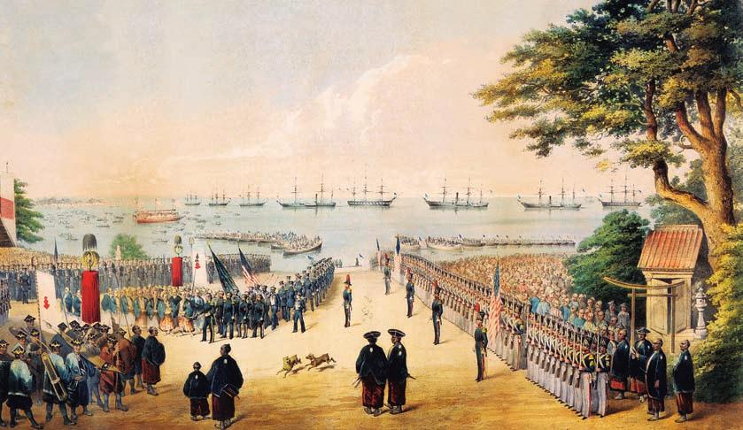 Perry Arrives in Japan CONNECT TO THE ARTS How might the Japanese have felt seeing these ships arrive? This painting from 1854 shows Commodore Perry landing at Yokohama, Japan.