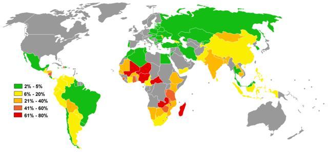 Map of world poverty by country, showing percentage of population living on less than 1 dollar per day (61-80% for