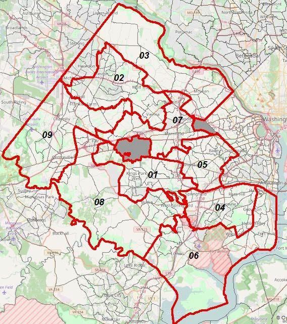 FIGURE 1 Supervisor Districts in Fairfax County, Virginia Sources: OpenStreetMap and contributors CC-BY-SA and Fairfax County geographic information systems and mapping.
