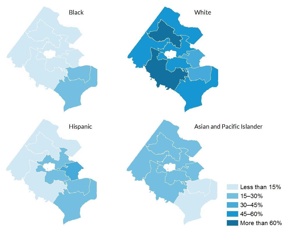 FIGURE 3 Spatial Distribution of Racial and Ethnic Groups by Supervisor District in Fairfax County Source: American Community Survey,. Note: In this figure, all groups are mutually exclusive.