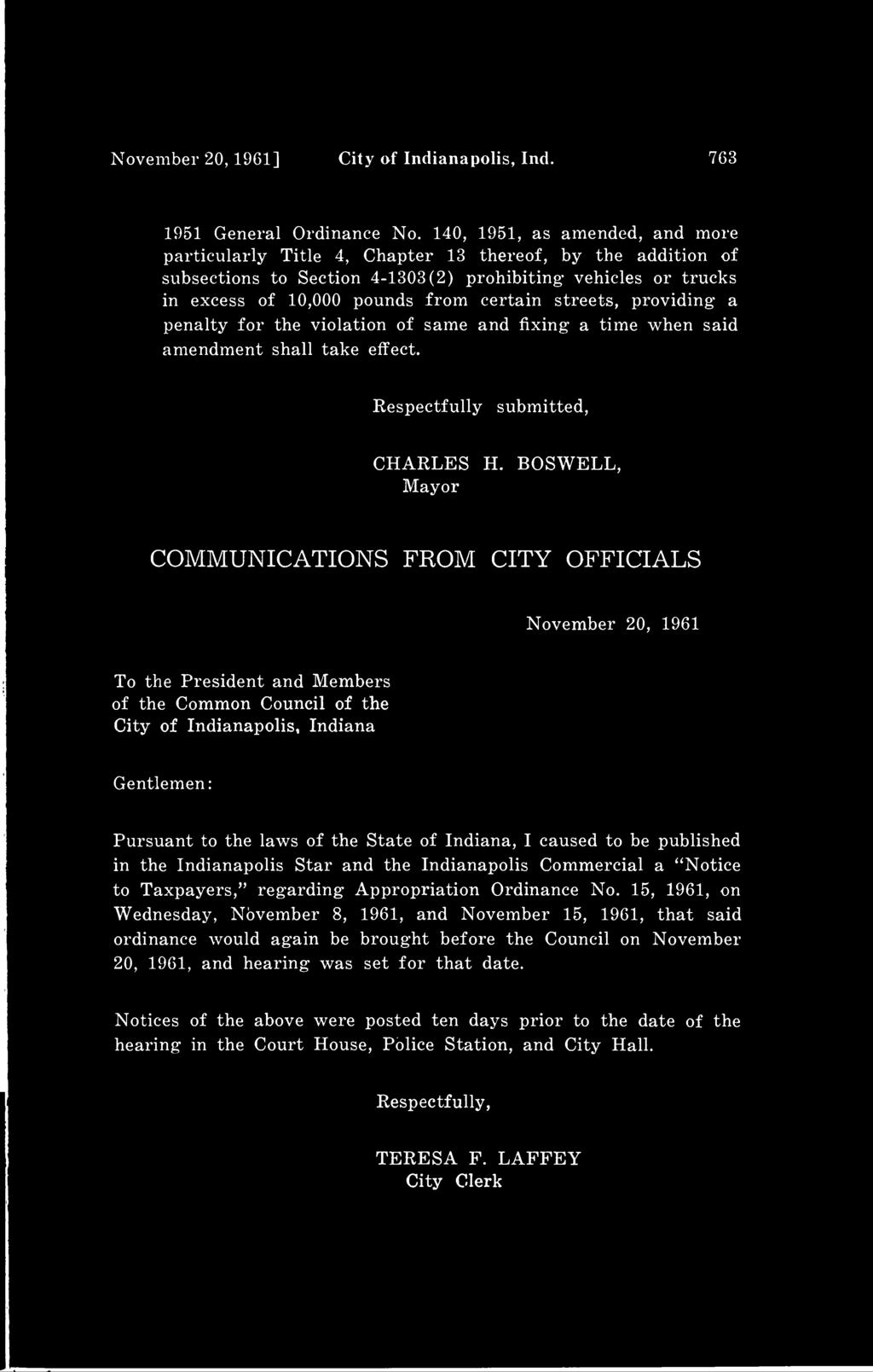 November 20, 1961] City of Indianapolis, Ind. 763 1951 General Ordinance No.