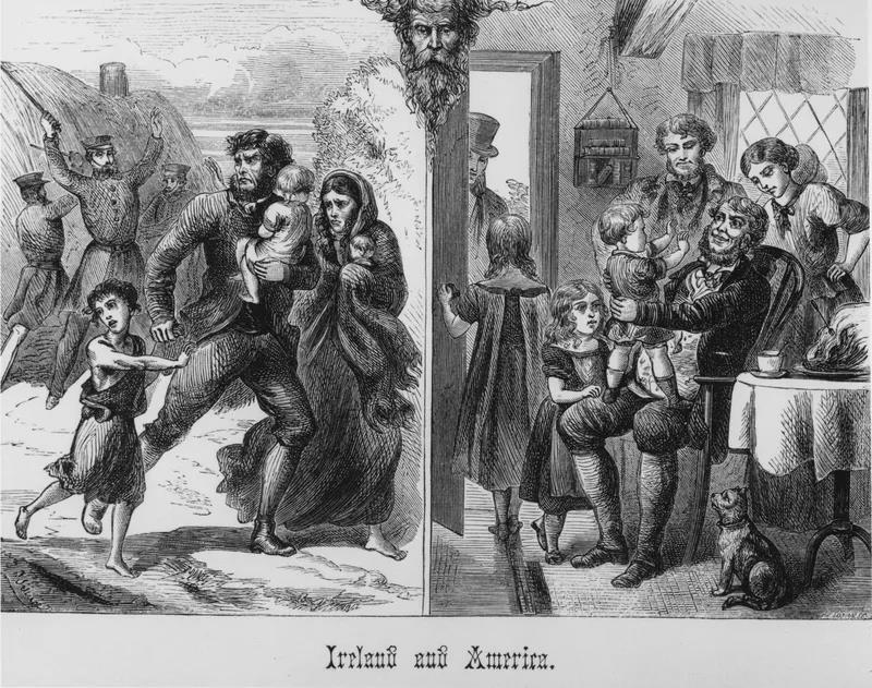 Message: Irish immigrants are fleeing unethical and inhuman treatment back in England Imagery: English landlord in background of Left image, vs.
