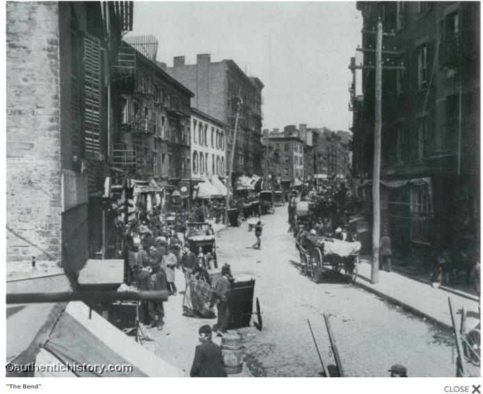 The Bend, How the Other Half Lives, Jacob Riis WHERE Mulberry Street crooks like an elbow within hail of the old depravity of the Five Points, is "the Bend," foul core of New
