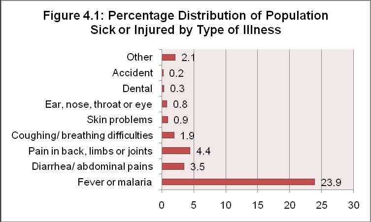 4.5 Type of Illness Figure 4.1 looks at the percentage of the population who were sick or injured by type of illness.