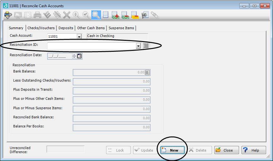 Bank Reconciliation Summary Tab Cash Account Select a valid general ledger cash account, and then press the Tab key. The account title displays to the right after selection is made.