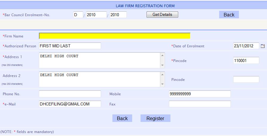 First Register as an advocate with e-filing system if you want to register for Law Firm 1.