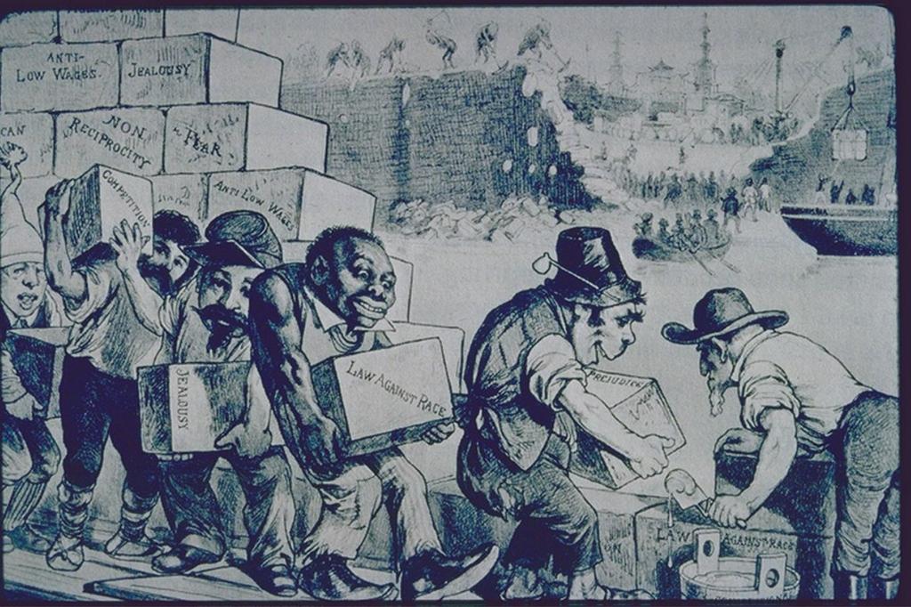 Cartoon showing laborers, among whom are Irishmen, an African American, a Civil War veteran, Italian, Frenchman, and a Jew, building a wall against the Chinese.