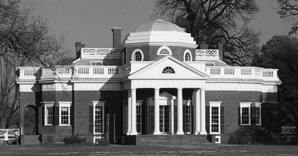 This image is of Monticello, Thomas Jefferson's home he built in Virginia. Notice the unique design and columns at the front of the house. Answer the question below.