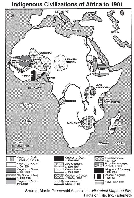 Base your answers to questions 111 and 112 on the map below and on your knowledge of social studies. 111. Which statement about the civilizations of Africa before 1901 can best be inferred by the information on the map?