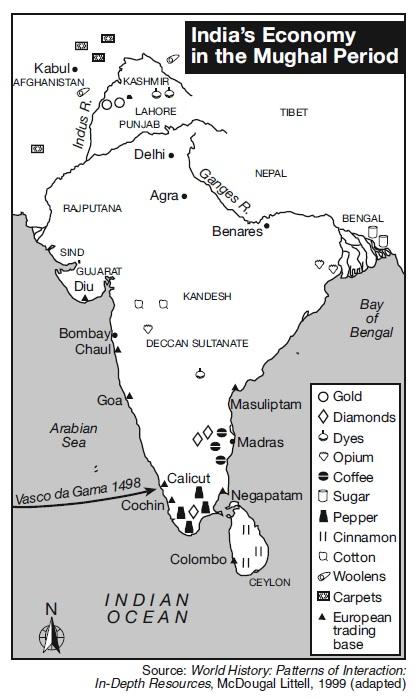 Base your answers to questions 16and 17on the map below and on your knowledge of social studies. 16.Which conclusion about the Indian economy during the Mughal period can best be supported using the information shown on this map?