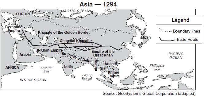 21. Base your answer to the following question on the map below and on your knowledge of social studies. Which group of people ruled much of Asia during the period shown on this map?