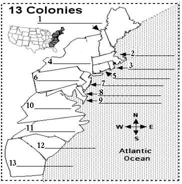 B. Colonial map Label the original 13 colonies. Put a star on and label Jamestown and Plymouth. C. Colonial Comparisons Chart Complete the chart, in the top box put what makes each colonial area unique.